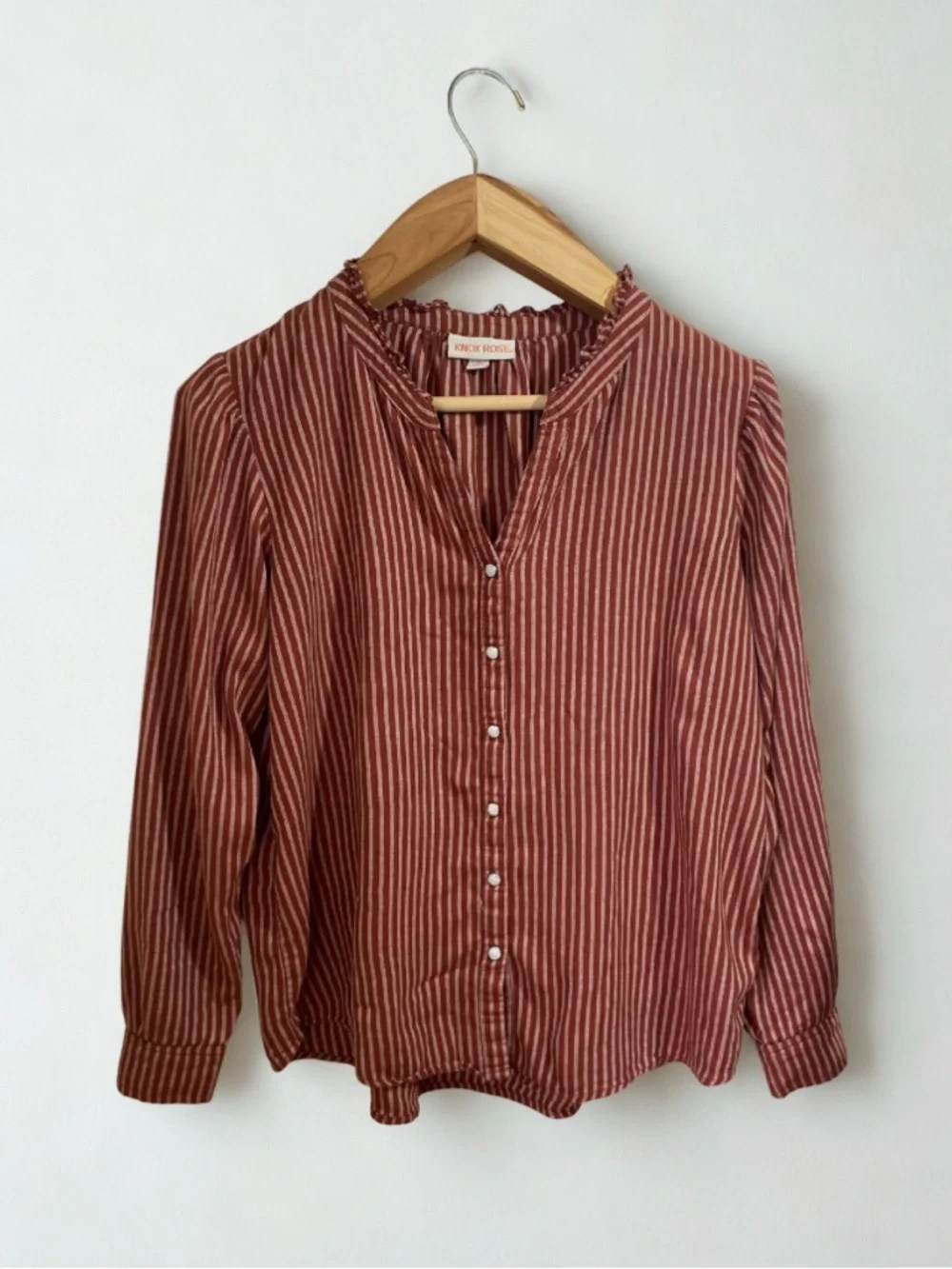 Knox Rose Striped Ruffle Neck Pearl Snap Button Blouse Size Medium